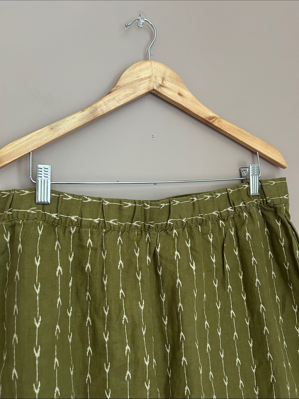 Garnet Hill Kona Linen Skirt Olive Green Geometric Midi Front Split Size L - Picture 5 of 13